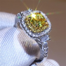 925 Sterling Silver Full Diamond Ring 18K Gold Shiny Citrine Ring Square Cut Cubic Zirconia Promise Rings CZ Yellow Gem Cocktail Rings Eternity Engagement Wedding Band Ring for Women Z.46 (US Code 10)