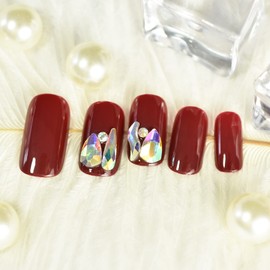 iMABC Luxury Deep Red 3D Rhinestone False Nails Medium Squoval Glossy Press on Nails Salon Manicure Reusable Fake Nail Art Tips Daily Fingernails
