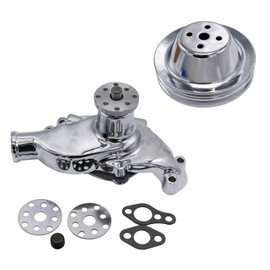 Tiny Force Aluminum High Volume Short Water Pump w/ 2 Grooves Chrome Pulley W/Bolts and Washers Kit Compatible with Small Block Chevy SBC 283 302 305 307 327 350 383 400 V8 SWP
