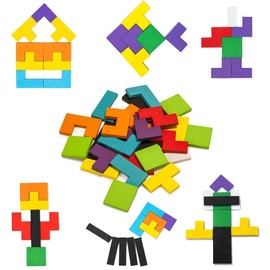 Wooden Brain Teaser Puzzle Toy – 40 Pcs 3D Russian Blocks Tangram Jigsaw, Montessori STEM Educational Game for Kids and Toddlers