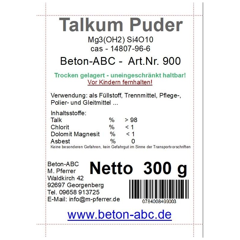 300 g Talcum Powder, Talc, Asbestos-Free, Magnesium Silicate