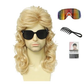 Mullet Wig for Men 80s Style Mullet Costume Wig with Sunglasses, Long Wavy Synthetic Hair Business in Front, Party in Back style (Light Blonde)