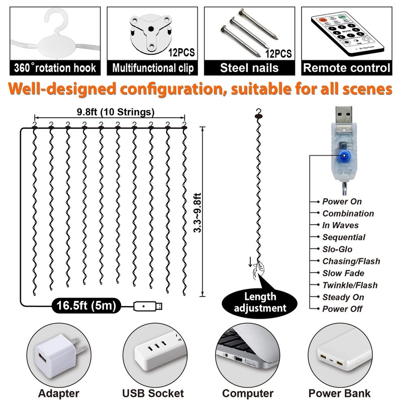 HXWEIYE 300LED Fairy Curtain Lights Warm White, 3mx3m USB Powered