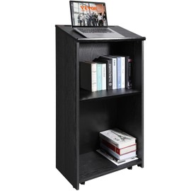 VEVOR Speaker Podium, 47-inch Mobile Lectern with 4 Casters, Wooden Presentation Stand with Shelves, Angled Top, for Church, Office, School, Home Use, Black