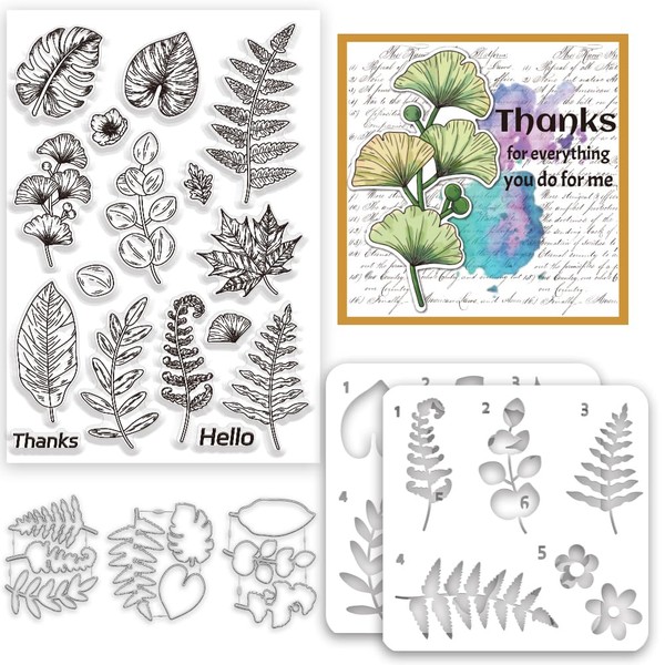INFUNLY Leaves Stamps and Cutting Dies Ginkgo Painting Stencils Size