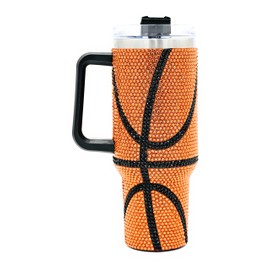 SEM LIFE 40 Oz Rhinestone Bling Tumbler with Handle and Straw (BASKETBALL), Stainless Steel and Double Wall Insulated; Good for Sports Fan, Coaches, Athletes, Travel Team Moms, Gifts