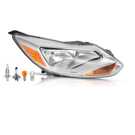 HECASA Headlight Assembly Right Compatible with 2012-2014 Ford Focus 4-Door Halogen Front Headlamp Light w/Bulbs Clear Lens + Chrome Housing Passenger Side Replacement for FO2503298