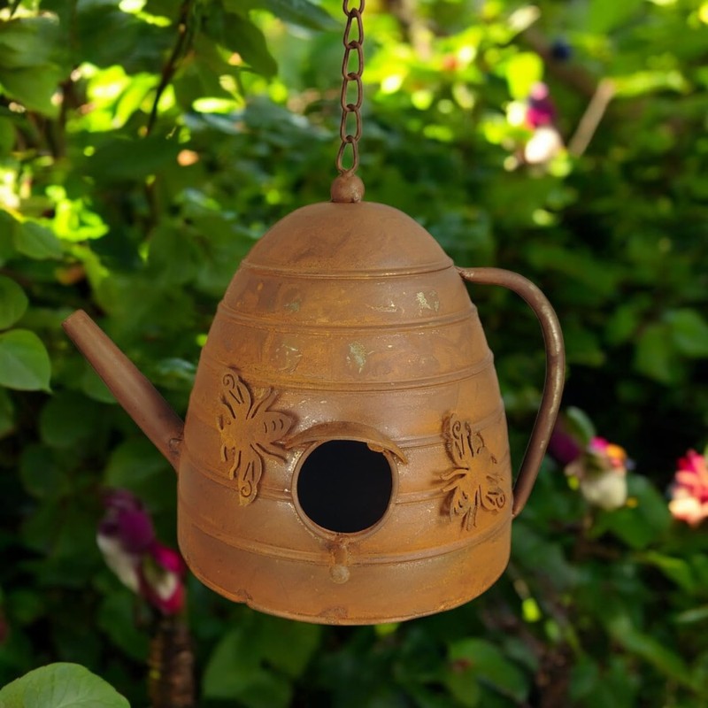 Metal Teapot Bird House in Rust Effect for Hanging