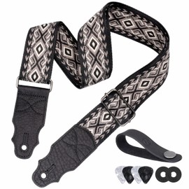 YIKOKO Guitar Strap, Head Layer Cowhide Leather End, 2 Inches Wide, for Acoustic and Bass Electric Guitars, Free Button, 2 Strap Locks and 4 Guitar Picks