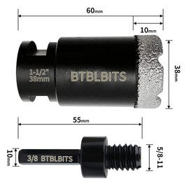 BTBLBITS Dry Diamond Core Drill Bit 1-1/2 Inch Tile Diamond Hole Saw for Angle Grinder Porcelain Ceramic Granite Marble Stone Brick 38mm with 5/8-11 Thread Plus 3/8 Inch Hex Shank Adapter