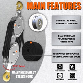 YATOINTO Rope Hoist Pulley System, 4400LB Pulley Block and Tackle, 8:1 Ratio Lifting Power 65ft, Heavy Duty Pulley Block for Hunting Lifting Heavy Objects Garage Warehouses Building