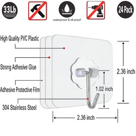 24 PCS Self Adhesive Hooks for Hanging - 33lbs Max, Transparent Stick on Hooks for Coat & Towel - Sticky Hooks for Hanging Heavy Duty Picture, No Damage Wall Hook for Bathroom, Kitchen, Ceiling & Key