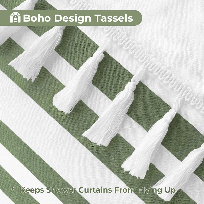 Seasonwood Sage Green Shower Curtain Boho Stripe Shower Curtains with