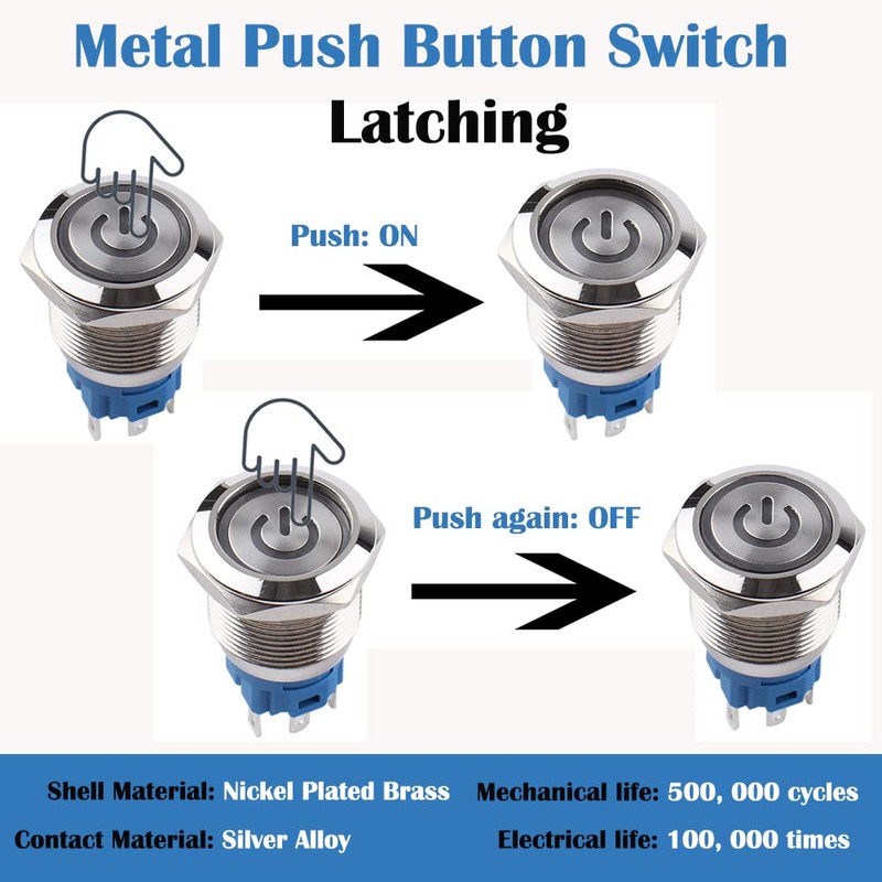 DMWD 5Pcs 19mm Metal Latching Push Button Switch Waterproof Anti-Vandal