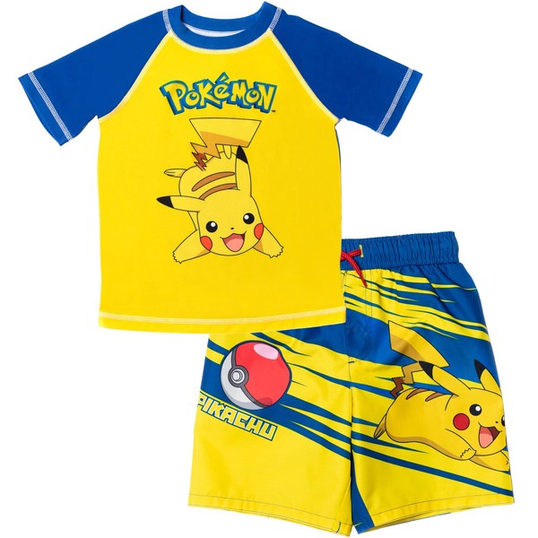 Pokemon Pikachu Little Boys Swimwear Rash Guard and Swim Trunks Outfit Set, 5-6, Yellow/Multicolor