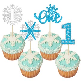 24 piezas de un copo de nieve para magdalenas, copos de nieve de invierno con purpurina azul, decoraciones para tartas de primer cumpleaños, para el país de las maravillas de invierno, suministros para fiesta de primer cumpleaños