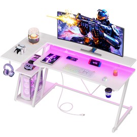 Korfile 55 Inch White Gaming Desk with Power Outlet & LED Lights, L Shaped Computer Desk Gaming with 3 Tiers Storage Shelves, Reversible Corner Desk with Monitor Stand for Bedroom