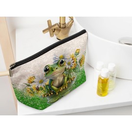Ayxvt Frog Gifts Makeup Bag - Spring Frog Cosmetic Bags For Women, Daisy Sunflower Floral Makeup Bag, Frogs Gifts For Women, Gifts For Frog Lovers Women, Animal Lover Gift