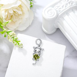 LONAGO Cat Charm with Birthstone Sterling Silver Cat Bead Charm Gift for Women (August(Peridot))
