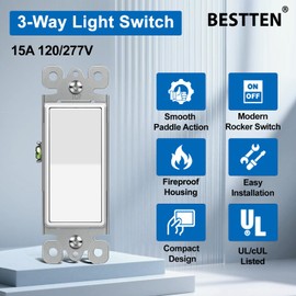 BESTTEN 10 Pack 3-Way Decorator Light Switch, 15A 120/277V, Single Pole or Three Way, Rocker Paddle Wall Switch, On/Off Rocker Interrupter, UL Listed, White