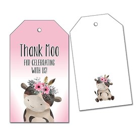 25 Pink Cow Thank You Moo Tags for Girl Birthday Party or Baby Shower Favors
