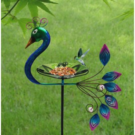HapiGarden 32 Inch Height Peacock Bird Baths, Small Glass Birdfeeder for Outdoor Garden, Bird Bath Drinker Plate with Metal Stake