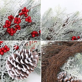 Red Christmas Wreath 20" Door Wreath with Frost Winter Wreath with Big Pine Cone Red Berries Christmas Reef for Indoor Outdoor Wreaths for Table Fireplaces Porch Walls Window Wreaths Home Decor