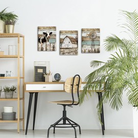 YeiLnm Farmhouse Canvas Wall Art 3-Panel Barn Windmill and Cow Painting 12x16 Inch Rustic Countryside Wall Decor for Living Room Bedroom Office (Set of 3)