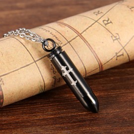 Cupimatch Mens Black Stainless Steel Cross Bullet Shape Pendant Necklace with 22 Inch Chain