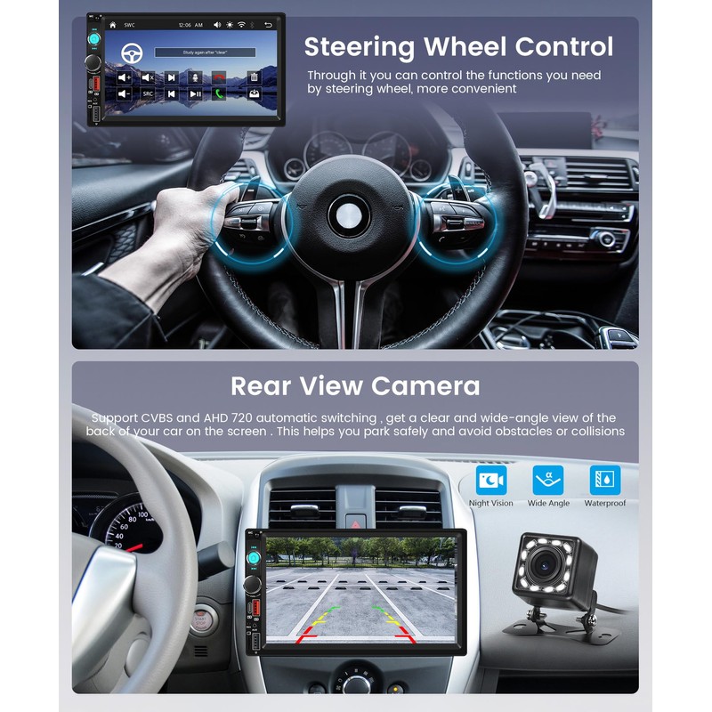7 inch Double Din Car Radio Stereo, Wireless Carplay Android