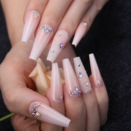 MqpQ Luxury Ombre Pink Press On Nails Rhinestones Long Coffin Colorful Caviar Fake Nails 24pc Glossy Full Cover False Nails For Women