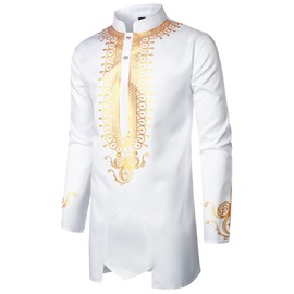 ZEROYAA Men's Africa Suit Long Sleeve Print Dashiki and Pants Outfit Traditional 2 Piece Set White Gold Bead XX-Large