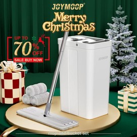 JOYMOOP 50“ Mop and Bucket with 3 Reusable Microfiber Pads Hands Free Flat Squeeze Mop with Wringer Set with Long Handle，White - mop bucket set: 50" mop with 3 pads