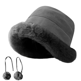 crazy bean Women's Fur Winter Bell Hat with Lined with Bobble Chin Strap Warm Women's Hats Fluffy Elegant Faux Fur Cloche, gray