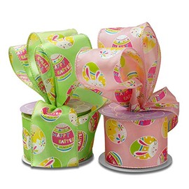 Pink Easter Egg Wired Ribbon - 2 1/2" x 10 Yards, Easter Basket, Glittery Eggs, Spring Decor, Wreath Decor, Gift Wrapping, Easter Egg Hunt Decorations, Easter Bunny