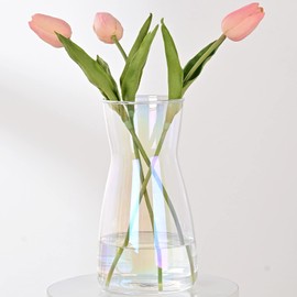 Glass Vase, 8" Tall Ins Modern Irised Crystal Clear Glass Vases for Décor Flowers Centerpiece Home Indoor Desk Decoration, Decorative Iridescent Glass Table Vase for Wedding Housewarming Gift-Colorful