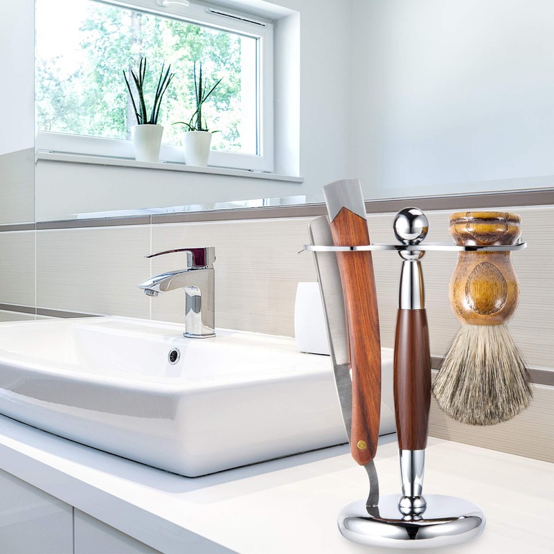 Men Straight Shaving Razor Badger Hair Brush Stand Holder Leather