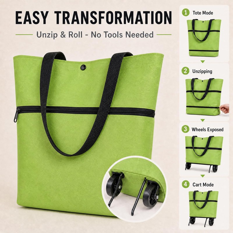 Foldable Shopping Bag with Wheels, 2-in-1 Foldable Shopping Cart, Ultra-Light
