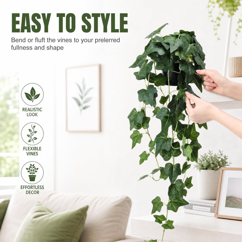 Juinte 3 Pcs Fake Hanging Plant with Pot Faux Pothos