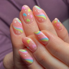 Valentine’s Day Press on Nails Oval Fake Nails Short Cute Romantic False Nails with Striped Colorful Love Stars Designs Full Cover Glue on Nails Glossy Stick on Nails for Women Girls Nail Decorations