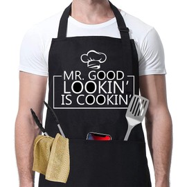 Novelty Funny Apron Men Women Chef Cooking Kitchen Bib BBQ Gifts Baking For Him (Mr. Good Looking Is Cooking)