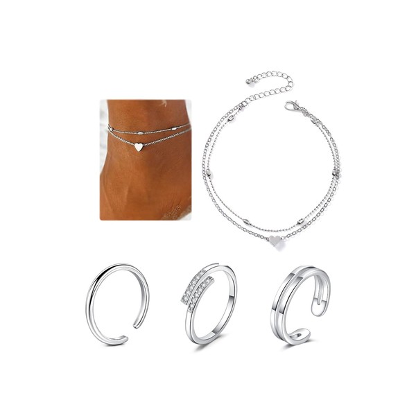 QWALIT Silver Toe Rings for Women Silver Heart Bracelets Anklets