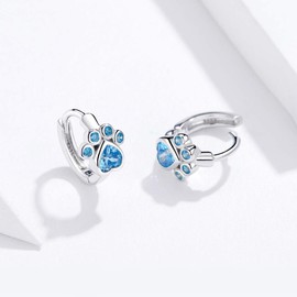Dog Paw Small Hoop Earrings for Women Teen Girls Blue Crystal Huggie Earring Puppy Cat Paw Hoop Earrings