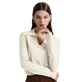 GreenMount Women's Super Lightweight Worsted Deep V-Polo Casual Loose Cashmere Sweater Pullover Lapel Long Sleeve for Spring and Summer Keep 37.5 Warm