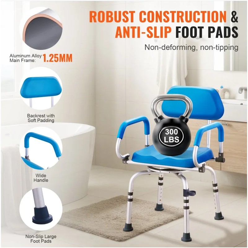 360 Degree Adjustable Swivel Shower Chair 300LBS Capacity Non-Slip Rotating