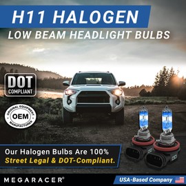 Mega Racer Premium OEM H11 Halogen Headlight Bulb (Low Beam) - Street-Legal & DOT Compliant for On-Road Use, Automotive Head Light Replacement for Car, 12V 55W, Plug & Play, Pack of 2 - Made in Korea