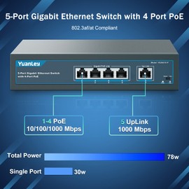YuanLey 5 Port Gigabit PoE Switch with 4 Port PoE+, 802.3af/at 78W Built-in Power, Fanless Metal Unmanaged Plug & Play