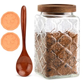 Gxiufen Fancy Brown Sugar Keeper Container and 2 Sugar Saver and Spoon, 1000 ml Glass Bottle with Wooden Lid, Good Sealing, Can Store Flour Candy, Suitable for Decorating Kitchen Dining Room