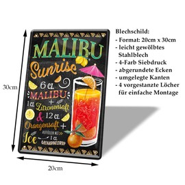 Malibu Sunrise Cocktail Recipe Tin Sign - Retro Decorative Sign - Metal Sign for Decoration of Kitchen Beach Bar Pub Cellar Bar Lounge Pub - Instructions for Mixing Cocktail Long Drink - 20 x 30 cm