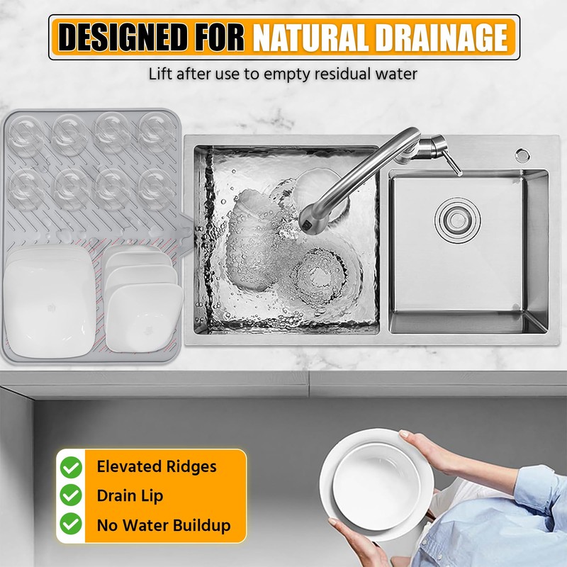 Luxet Silicone Dish Drying Mat with Built-in Drain Lip -